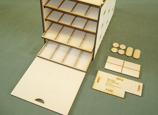 Laser cut bases, movement trays, measuring sticks, and army storage boxes from Dopey Dog Laser Engraving